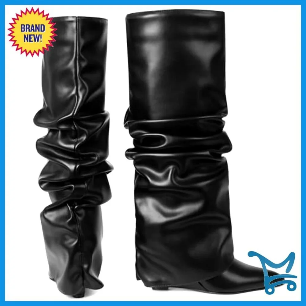 Wedge Heel Knee High Boots Slouch Fold Over Wide Calf Pointed Toe - Picture 5 of 7